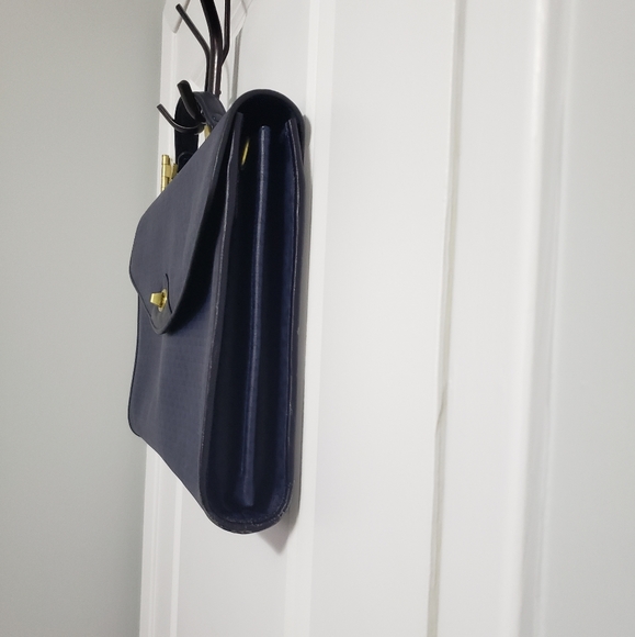 VINTAGE LIZ CLAIBORNE Blue Leather Trim Turnlock Briefcase Messenger Bag - Picture 15 of 16